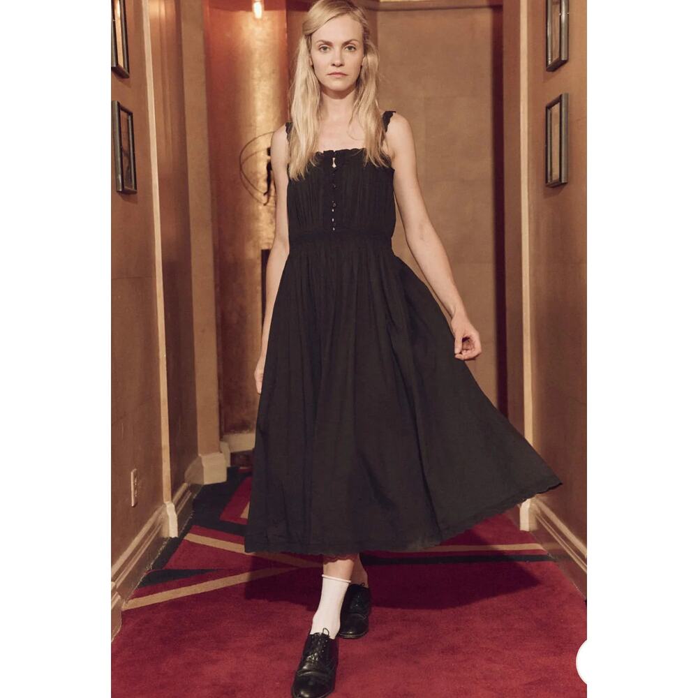 THE GREAT. Black Midi Sundress with Gathered Bodice